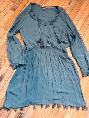 Davina Boho Goddess Maxi Dress Tiered Tassels Dusty Teal Seafoam Mint Dress